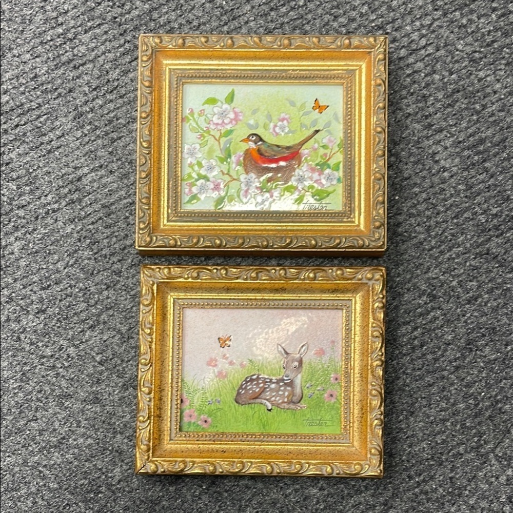 Vintage Lorraine Trester Enamel-on-Copper Baby Dear Bird Sweet Floral Artwork